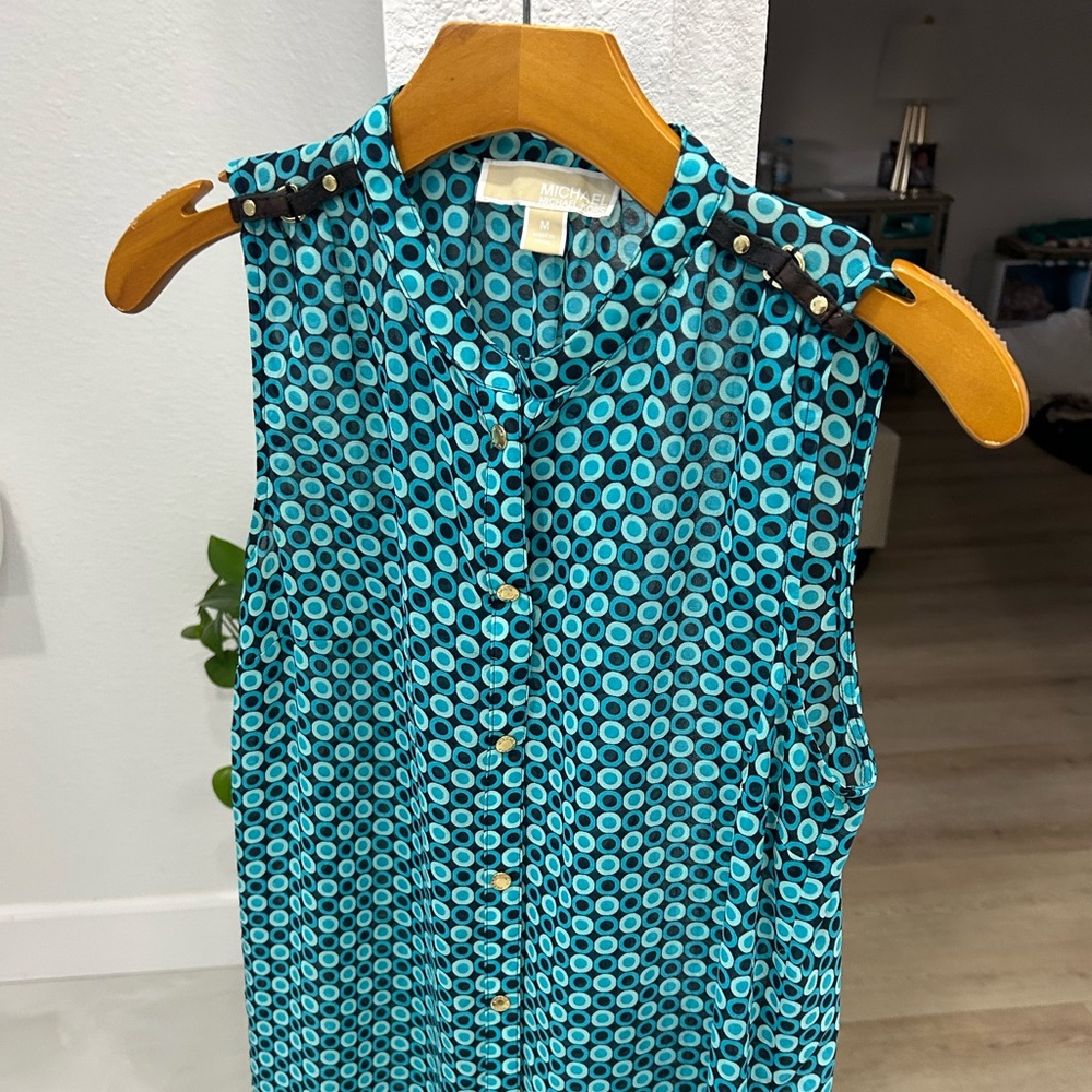 Michael Kors Teal and Aqua Sleeveless Button-Front Blouse